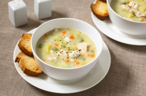 Κοτόσουπα με ψωμί ολικής άλεσης και σαλάτα εποχής